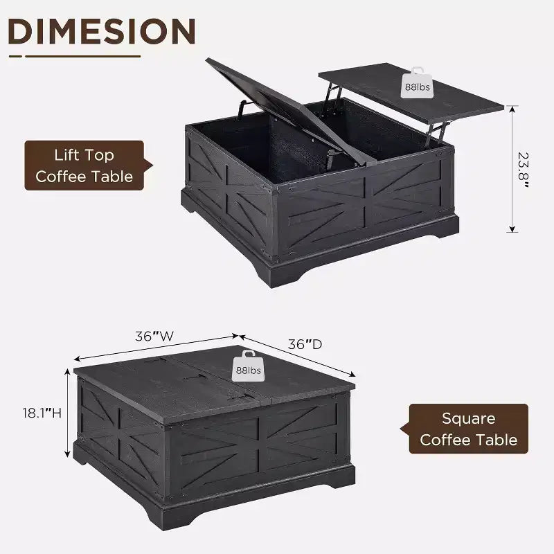 SinCiDo Farmhouse Lift Top Coffee Table, 36 Square Center Table w/Large Hidden Storage Compartment, Rustic Wood Living Room Dining Table