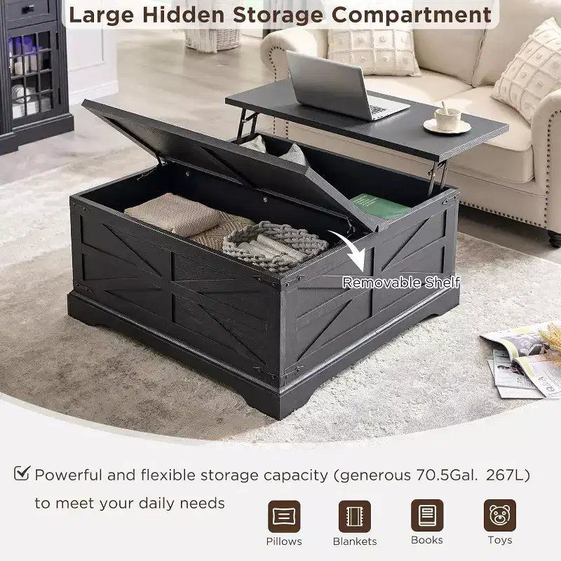 SinCiDo Farmhouse Lift Top Coffee Table, 36 Square Center Table w/Large Hidden Storage Compartment, Rustic Wood Living Room Dining Table