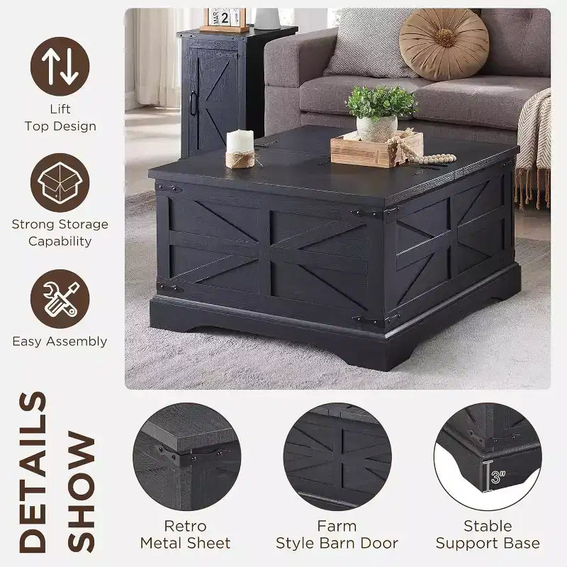SinCiDo Farmhouse Lift Top Coffee Table, 36 Square Center Table w/Large Hidden Storage Compartment, Rustic Wood Living Room Dining Table