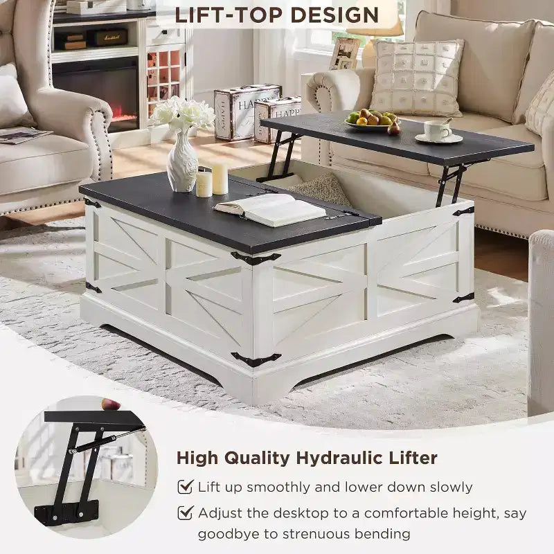 SinCiDo Farmhouse Lift Top Coffee Table, 36 Square Center Table w/Large Hidden Storage Compartment, Rustic Wood Living Room Dining Table