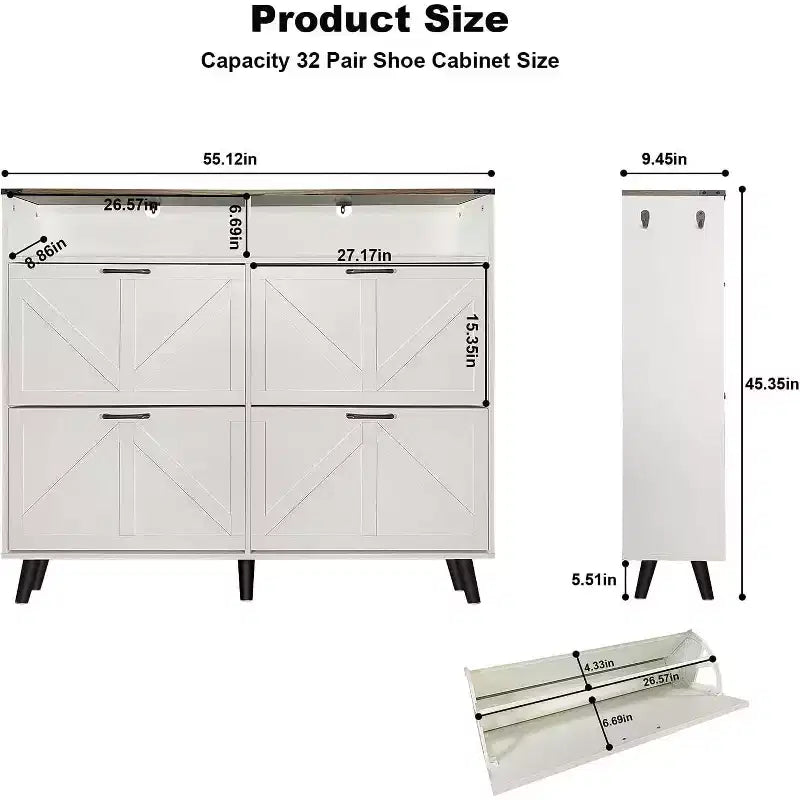 Acekool Farmhouse Shoe Cabinet with 4 Flip Drawers & Open Storage, Narrow Entryway Organizer & Shoe Rack for Hallway and Living Room