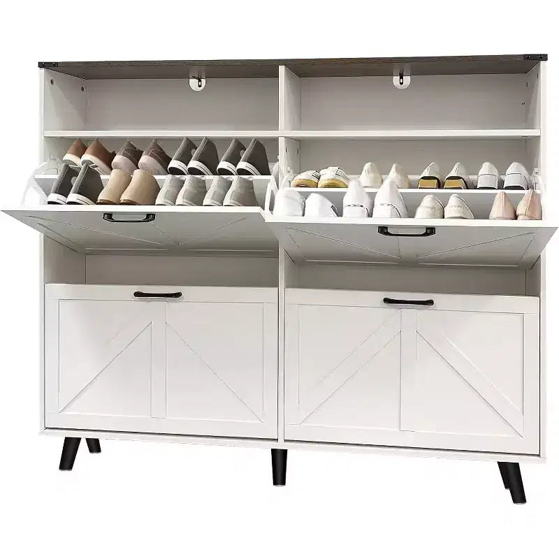 Acekool Farmhouse Shoe Cabinet with 4 Flip Drawers & Open Storage, Narrow Entryway Organizer & Shoe Rack for Hallway and Living Room