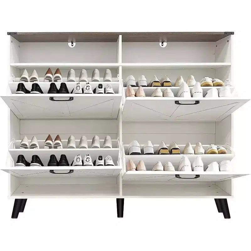 Acekool Farmhouse Shoe Cabinet with 4 Flip Drawers & Open Storage, Narrow Entryway Organizer & Shoe Rack for Hallway and Living Room