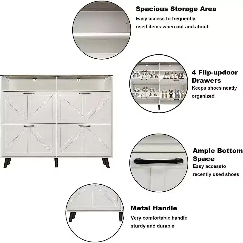 Acekool Farmhouse Shoe Cabinet with 4 Flip Drawers & Open Storage, Narrow Entryway Organizer & Shoe Rack for Hallway and Living Room