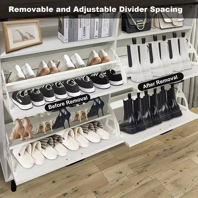 Acekool Farmhouse Shoe Cabinet with 4 Flip Drawers & Open Storage, Narrow Entryway Organizer & Shoe Rack for Hallway and Living Room