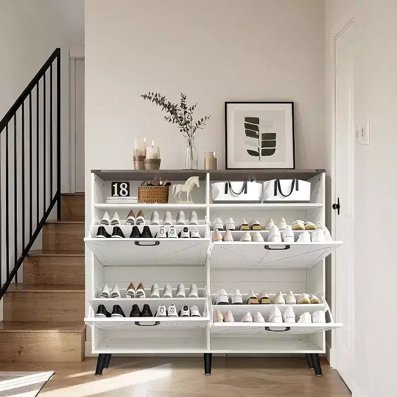 Acekool Farmhouse Shoe Cabinet with 4 Flip Drawers & Open Storage, Narrow Entryway Organizer & Shoe Rack for Hallway and Living Room