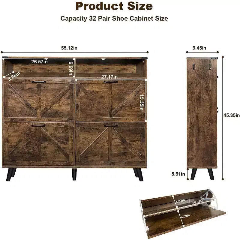 Acekool Farmhouse Shoe Cabinet with 4 Flip Drawers & Open Storage, Narrow Entryway Organizer & Shoe Rack for Hallway and Living Room
