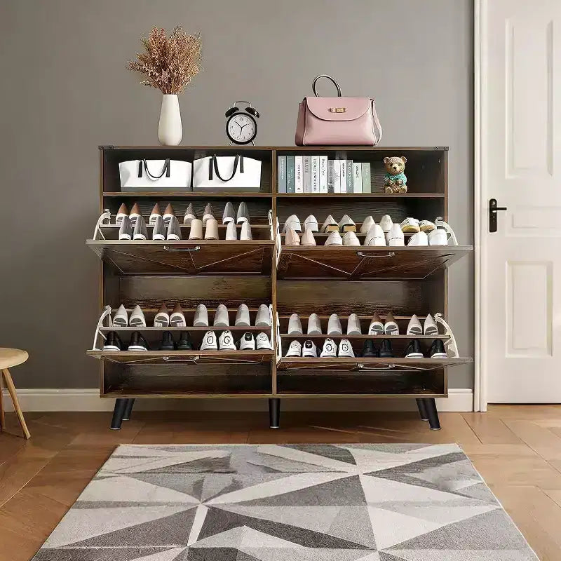 Acekool Farmhouse Shoe Cabinet with 4 Flip Drawers & Open Storage, Narrow Entryway Organizer & Shoe Rack for Hallway and Living Room