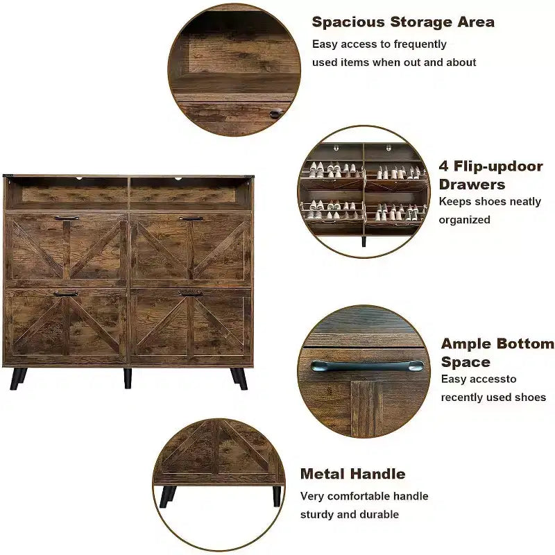 Acekool Farmhouse Shoe Cabinet with 4 Flip Drawers & Open Storage, Narrow Entryway Organizer & Shoe Rack for Hallway and Living Room