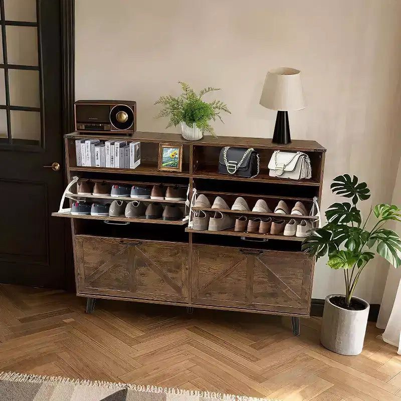 Acekool Farmhouse Shoe Cabinet with 4 Flip Drawers & Open Storage, Narrow Entryway Organizer & Shoe Rack for Hallway and Living Room