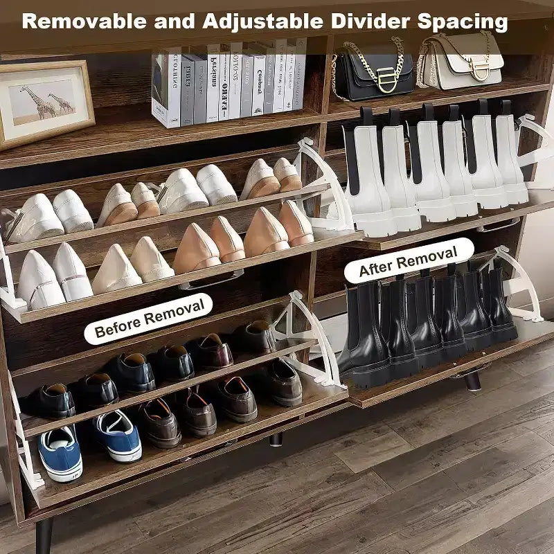 Acekool Farmhouse Shoe Cabinet with 4 Flip Drawers & Open Storage, Narrow Entryway Organizer & Shoe Rack for Hallway and Living Room