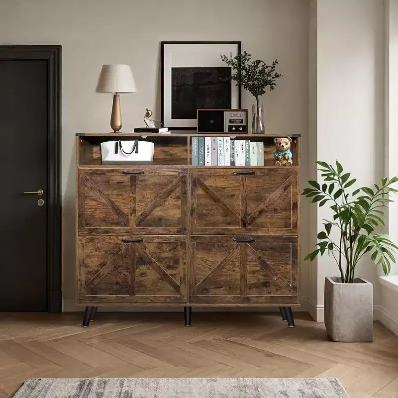 Acekool Farmhouse Shoe Cabinet with 4 Flip Drawers & Open Storage, Narrow Entryway Organizer & Shoe Rack for Hallway and Living Room