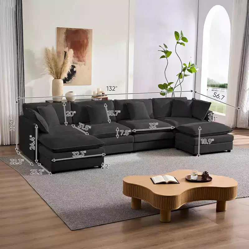 Mjkone 132'' Oversized Modular Sectional Sofa, U-Shaped Couch with 2 Ottomans, 6-Seat Chenille Fabric Upholstered Deep Seat Sofa