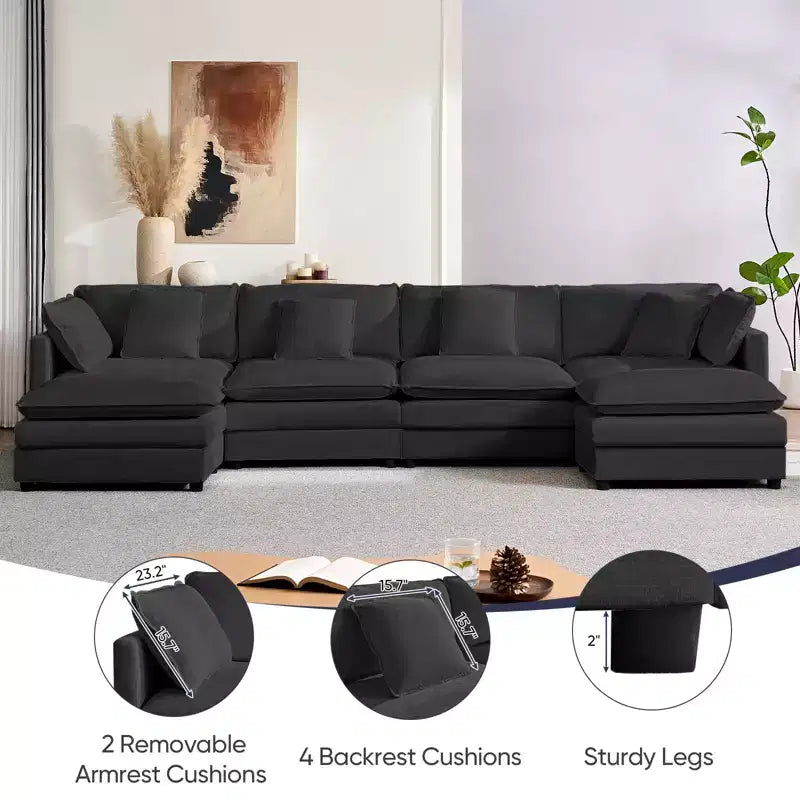Mjkone 132'' Oversized Modular Sectional Sofa, U-Shaped Couch with 2 Ottomans, 6-Seat Chenille Fabric Upholstered Deep Seat Sofa