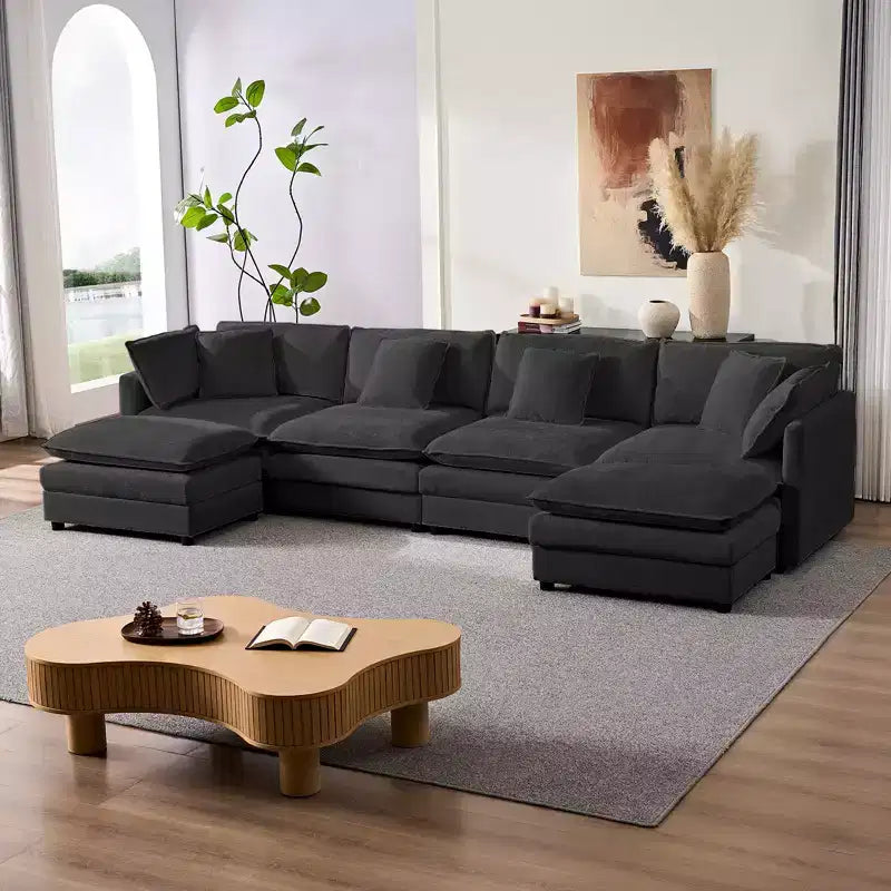 Mjkone 132'' Oversized Modular Sectional Sofa, U-Shaped Couch with 2 Ottomans, 6-Seat Chenille Fabric Upholstered Deep Seat Sofa