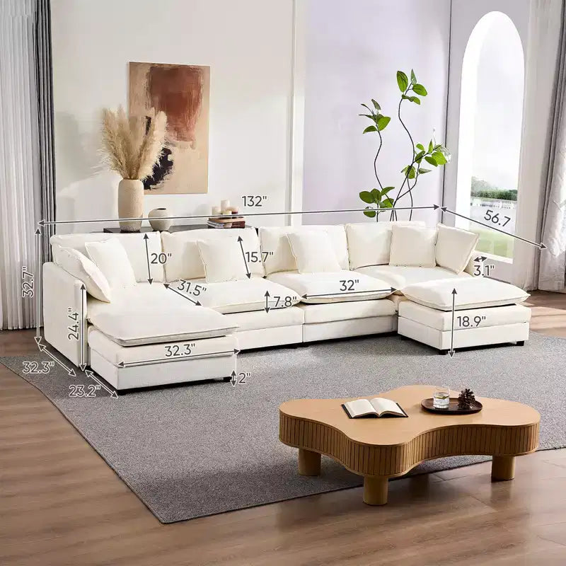 Mjkone 132'' Oversized Modular Sectional Sofa, U-Shaped Couch with 2 Ottomans, 6-Seat Chenille Fabric Upholstered Deep Seat Sofa