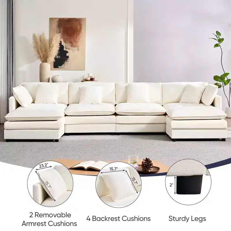 Mjkone 132'' Oversized Modular Sectional Sofa, U-Shaped Couch with 2 Ottomans, 6-Seat Chenille Fabric Upholstered Deep Seat Sofa