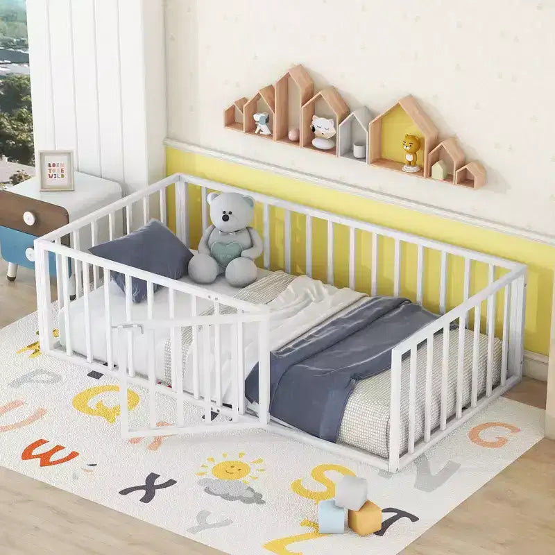 Okak Metal Floor Bed Twin/Full/Queen,Bed Frame with Heightened Fence & Lockable Door, Toddler Bed for Kids Room & Playroom