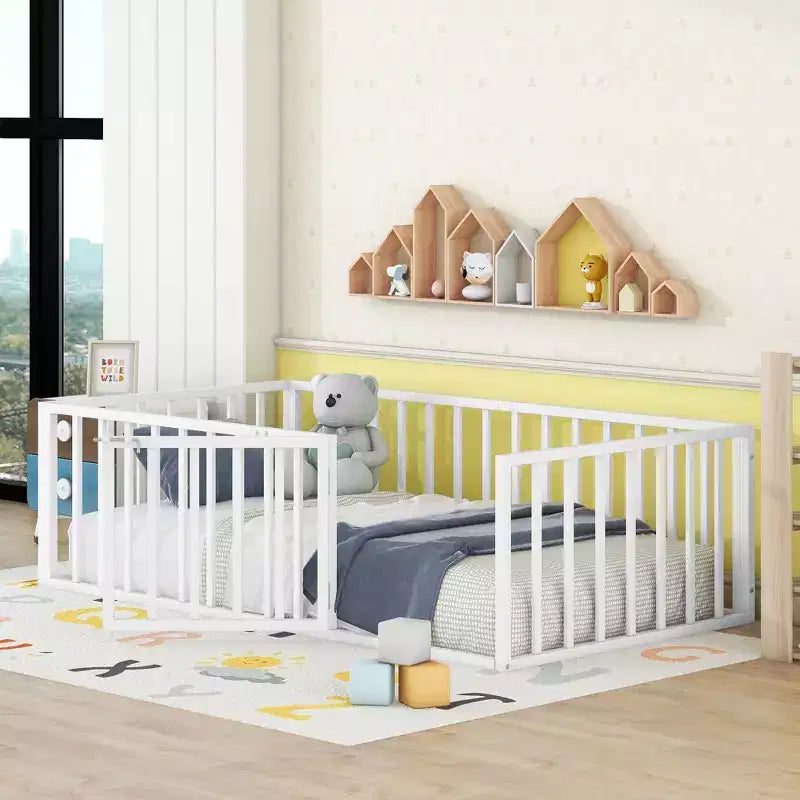 Okak Metal Floor Bed Twin/Full/Queen,Bed Frame with Heightened Fence & Lockable Door, Toddler Bed for Kids Room & Playroom