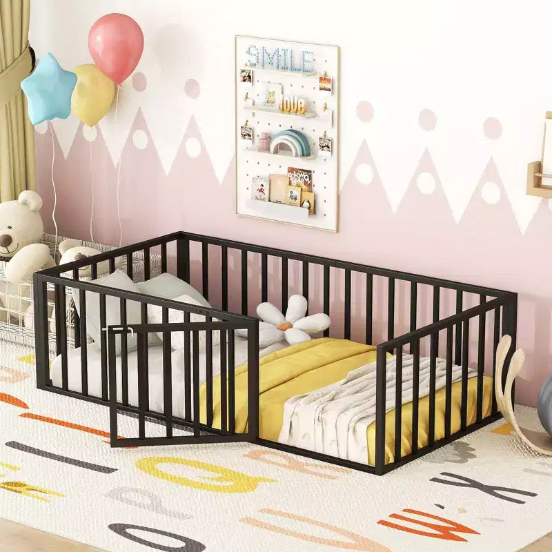 Okak Metal Floor Bed Twin/Full/Queen,Bed Frame with Heightened Fence & Lockable Door, Toddler Bed for Kids Room & Playroom