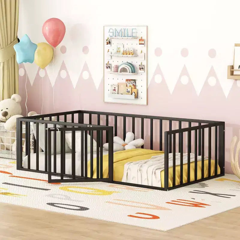 Okak Metal Floor Bed Twin/Full/Queen,Bed Frame with Heightened Fence & Lockable Door, Toddler Bed for Kids Room & Playroom