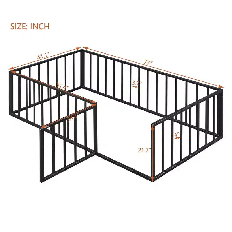Okak Metal Floor Bed Twin/Full/Queen,Bed Frame with Heightened Fence & Lockable Door, Toddler Bed for Kids Room & Playroom