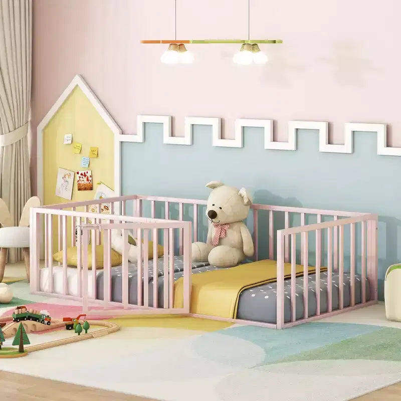 Okak Metal Floor Bed Twin/Full/Queen,Bed Frame with Heightened Fence & Lockable Door, Toddler Bed for Kids Room & Playroom