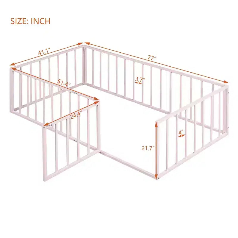 Okak Metal Floor Bed Twin/Full/Queen,Bed Frame with Heightened Fence & Lockable Door, Toddler Bed for Kids Room & Playroom