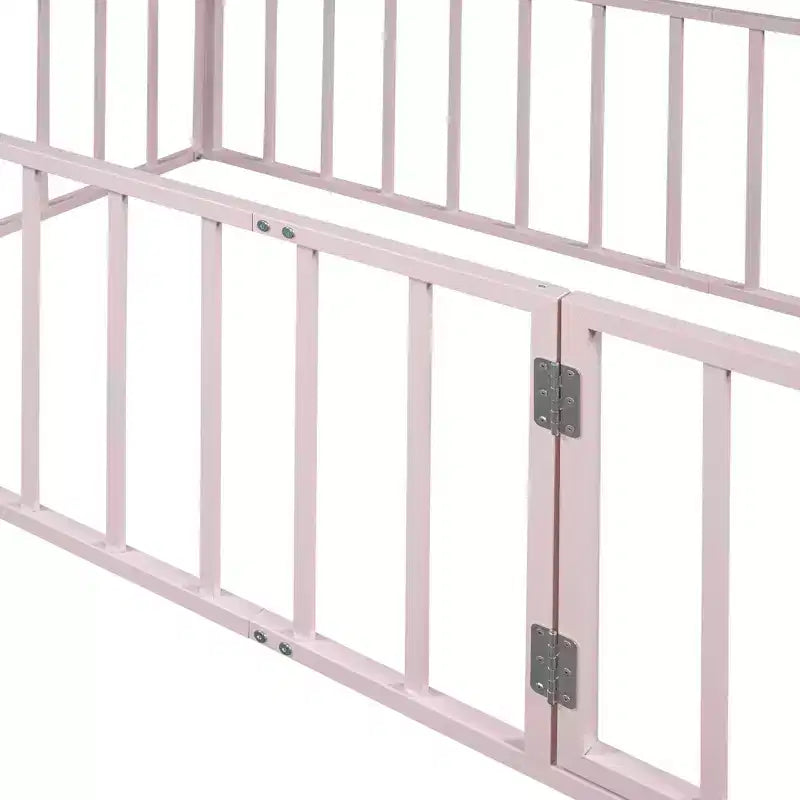 Okak Metal Floor Bed Twin/Full/Queen,Bed Frame with Heightened Fence & Lockable Door, Toddler Bed for Kids Room & Playroom