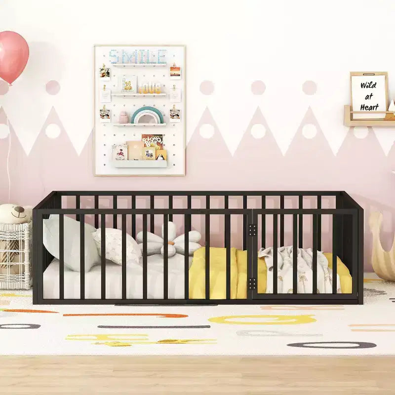 Okak Metal Floor Bed Twin/Full/Queen,Bed Frame with Heightened Fence & Lockable Door, Toddler Bed for Kids Room & Playroom