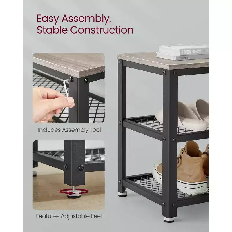 3-Tier Sturdy Shoe Rack Bench with Metal Mesh Shelves, Freestanding Entryway Organizer for Shoes & Storage, 11.8x39.4x17.7 Inches