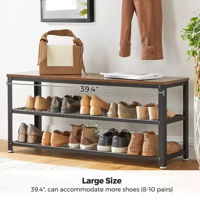 3-Tier Sturdy Shoe Rack Bench with Metal Mesh Shelves, Freestanding Entryway Organizer for Shoes & Storage, 11.8x39.4x17.7 Inches