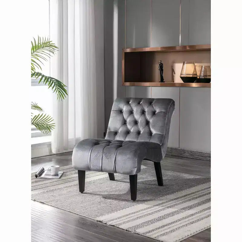 Okak Modern Armless Velvet Accent Chair, Upholstered Fabric Button Comfortable Chair with Wooden Legs