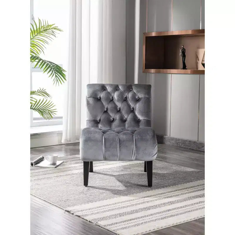Okak Modern Armless Velvet Accent Chair, Upholstered Fabric Button Comfortable Chair with Wooden Legs