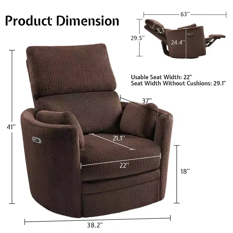 AMERLIFE Power Recliner Nursery Chair, Electric Swivel Rocking Glider with USB & Type-C, Armchair with 2 Pillows, Reclining Sofa for Home