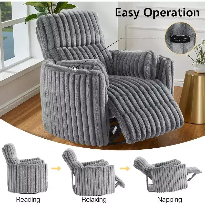 AMERLIFE Power Recliner Nursery Chair, Electric Swivel Rocking Glider with USB & Type-C, Armchair with 2 Pillows, Reclining Sofa for Home