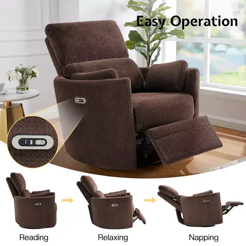 AMERLIFE Power Recliner Nursery Chair, Electric Swivel Rocking Glider with USB & Type-C, Armchair with 2 Pillows, Reclining Sofa for Home