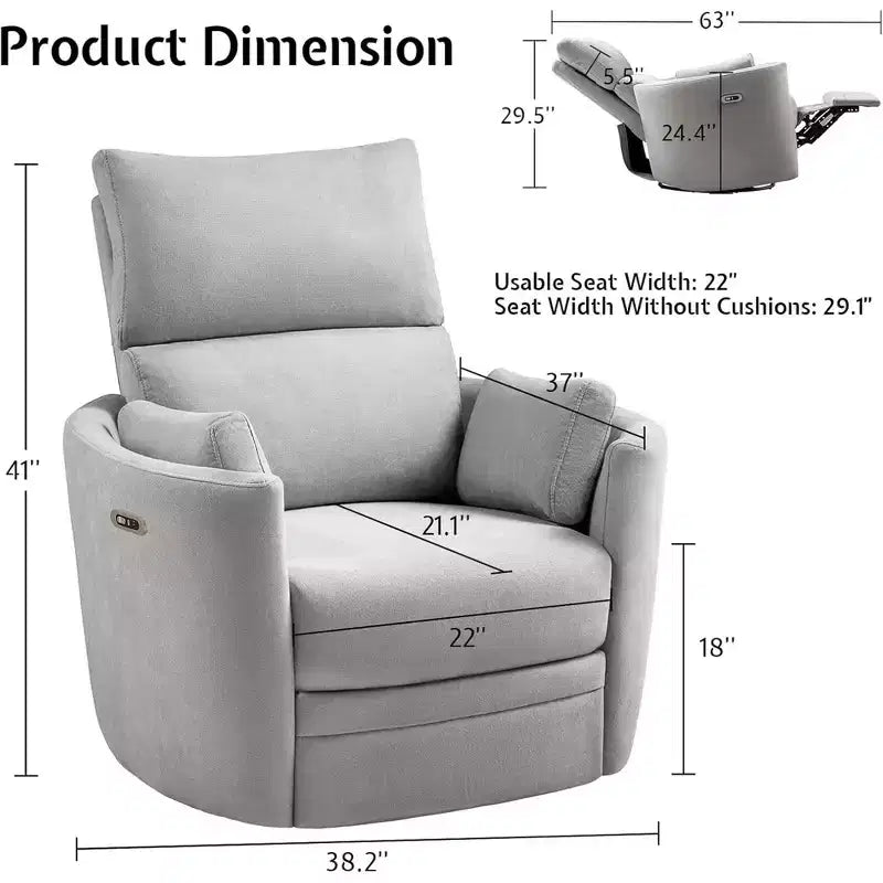 AMERLIFE Power Recliner Nursery Chair, Electric Swivel Rocking Glider with USB & Type-C, Armchair with 2 Pillows, Reclining Sofa for Home