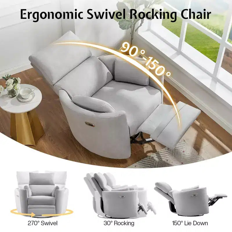 AMERLIFE Power Recliner Nursery Chair, Electric Swivel Rocking Glider with USB & Type-C, Armchair with 2 Pillows, Reclining Sofa for Home