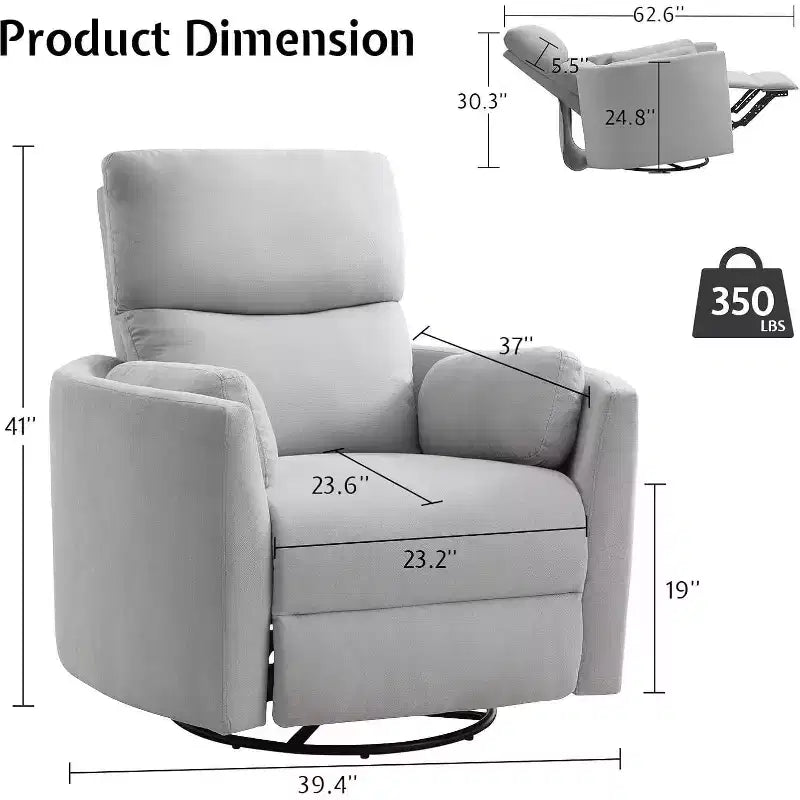 AMERLIFE Power Recliner Nursery Chair, Electric Swivel Rocking Glider with USB & Type-C, Armchair with 2 Pillows, Reclining Sofa for Home