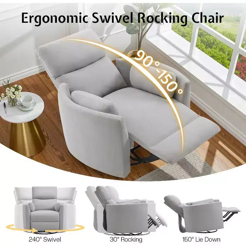 AMERLIFE Power Recliner Nursery Chair, Electric Swivel Rocking Glider with USB & Type-C, Armchair with 2 Pillows, Reclining Sofa for Home