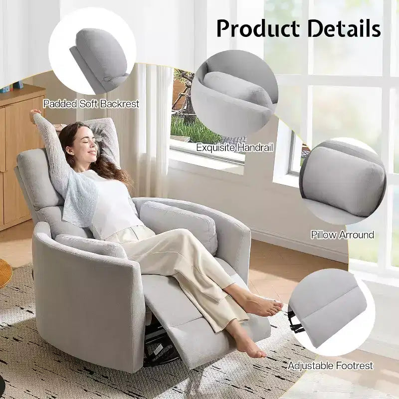 AMERLIFE Power Recliner Nursery Chair, Electric Swivel Rocking Glider with USB & Type-C, Armchair with 2 Pillows, Reclining Sofa for Home