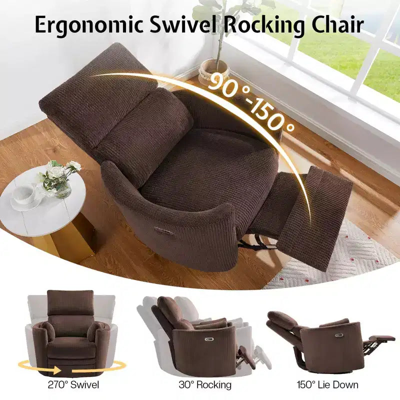 AMERLIFE Power Recliner Nursery Chair, Electric Swivel Rocking Glider with USB & Type-C, Armchair with 2 Pillows, Reclining Sofa for Home