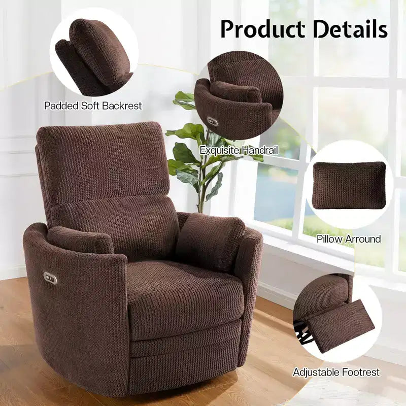 AMERLIFE Power Recliner Nursery Chair, Electric Swivel Rocking Glider with USB & Type-C, Armchair with 2 Pillows, Reclining Sofa for Home