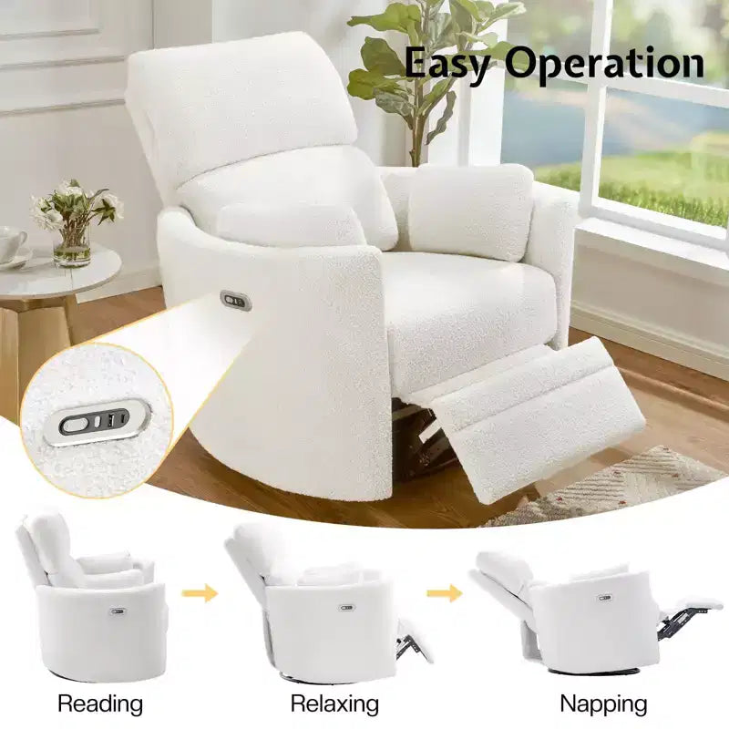 AMERLIFE Power Recliner Nursery Chair, Electric Swivel Rocking Glider with USB & Type-C, Armchair with 2 Pillows, Reclining Sofa for Home