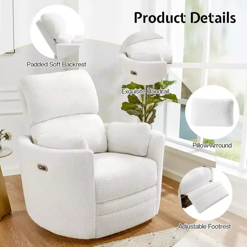 AMERLIFE Power Recliner Nursery Chair, Electric Swivel Rocking Glider with USB & Type-C, Armchair with 2 Pillows, Reclining Sofa for Home