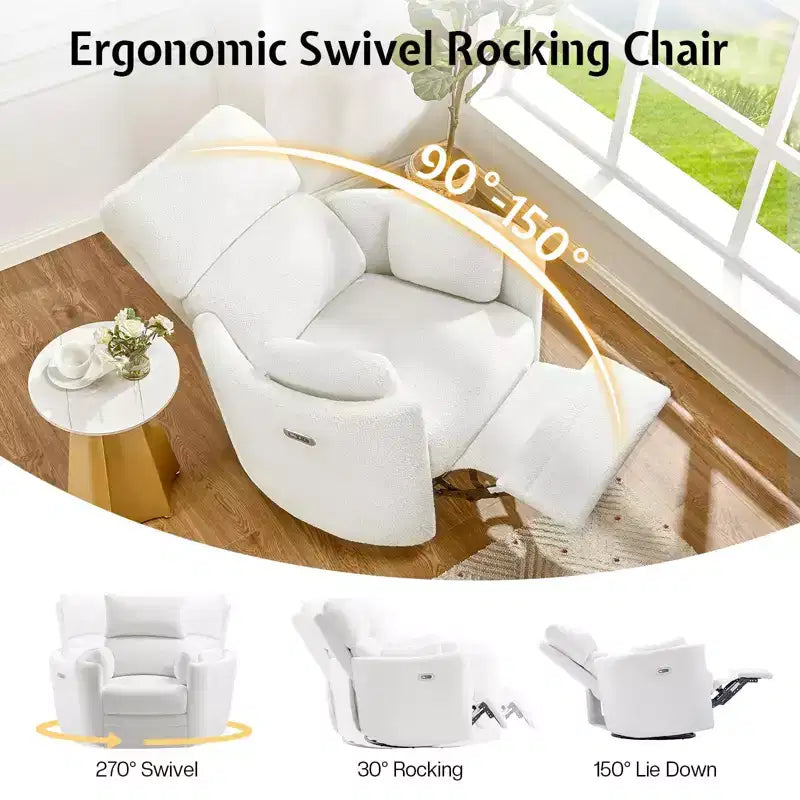AMERLIFE Power Recliner Nursery Chair, Electric Swivel Rocking Glider with USB & Type-C, Armchair with 2 Pillows, Reclining Sofa for Home