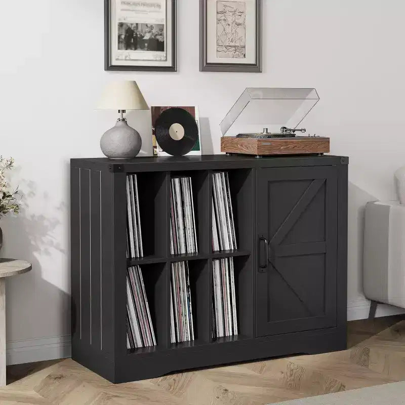 Farmhouse Black Wooden Turntable Stand with Barn Door - Vinyl Storage for 750 Albums, Display Shelves, Media Console Ideal for Living Room