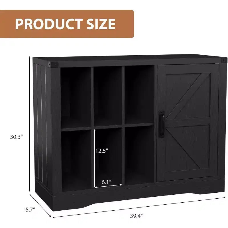 Farmhouse Black Wooden Turntable Stand with Barn Door - Vinyl Storage for 750 Albums, Display Shelves, Media Console Ideal for Living Room