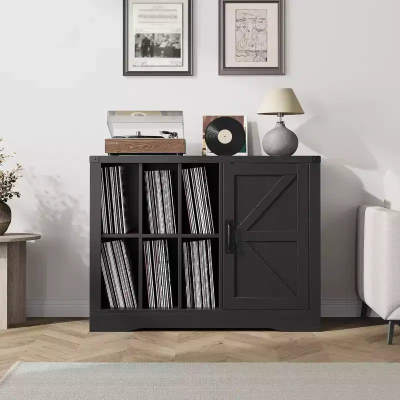 Farmhouse Black Wooden Turntable Stand with Barn Door - Vinyl Storage for 750 Albums, Display Shelves, Media Console Ideal for Living Room